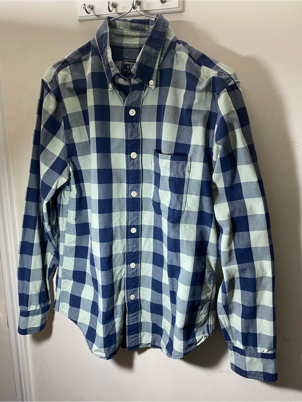 Abercrombie & Fitch Navy and Light Green Check Button-Down Shirt
